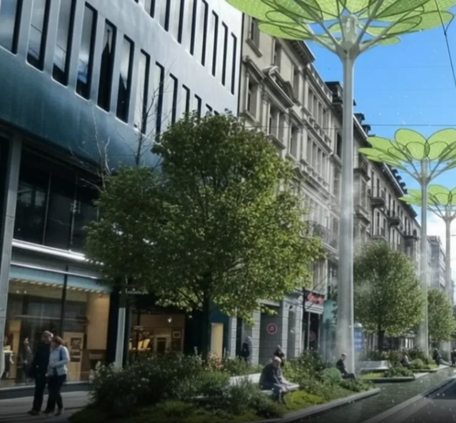 Zürcher Bahnhofstrasse mit Säulen wie Solarblüten, Bäumen und grünen Inseln statt Beton