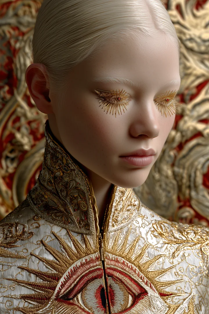 Frau mit hellem Haar in goldener Couture, ein Auge ist in den Stoff eingestickt