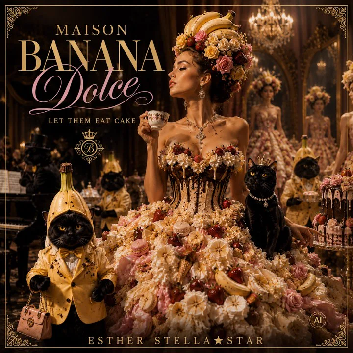 Cover Maison Banana Dolce: Frau im Kleid aus Desserts mit schwarzen Bananenkatzen